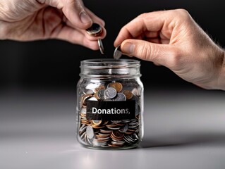 A jar full of coins with the word donations written on it