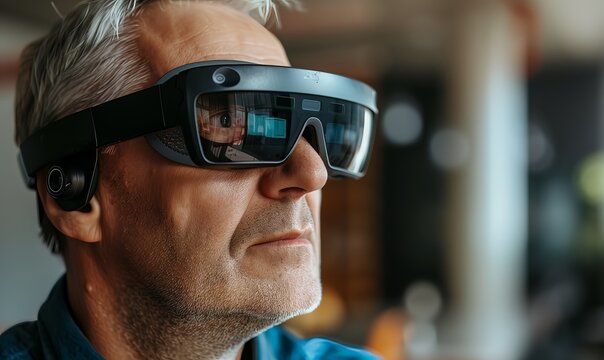 middle-aged man wearing AR glasses in an office, close-up focusing on his facial expression and augmented reality display, capturing his interaction with digital or virtual content through