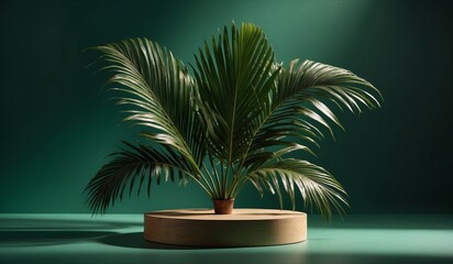 Obraz premium Lush palm plant on a stylish round wooden platform
