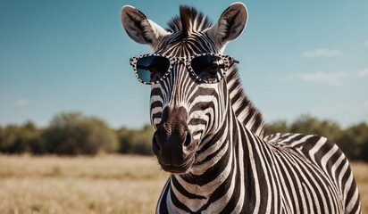 Naklejka premium Zebra wearing stylish sunglasses in a natural field