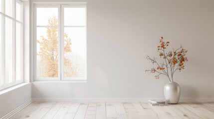 Large window in a stylish property room with neutral lighting, minimalist furniture and copy space. Residential Real Estate composition.