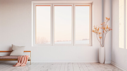 Fototapeta premium Large window in a stylish property room with neutral lighting, minimalist furniture and copy space. Residential Real Estate composition.