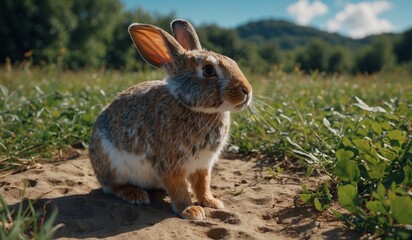 Fototapeta premium Cottontail rabbit sitting on sandy ground in meadow