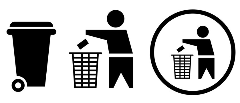 Recycling or Dispose rubish and garbage icons. Man throwing trash into dust bin. Vector illustration isolated on white background.