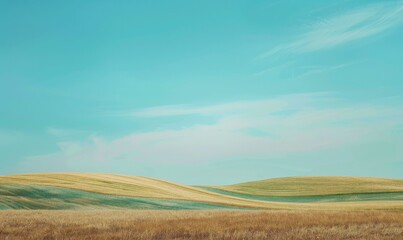 Obraz premium minimalist photograph of rolling hills with the sky painted in soft pastel blue and green hues, creating a serene landscape with gentle terrain and hints of wheat or grass, evoking tranquility