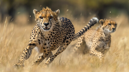 Fototapeta premium Two Cheetahs Running in African Savannah, Focused on Prey 