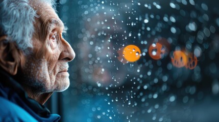 An old man looking out a window at rain