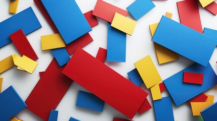 A scattering of red, blue, and yellow rectangles, colliding and overlapping on a crisp white background for a modern art look.