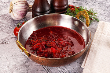 Homemade red soup Borsch with cabbage