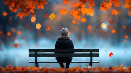 A woman sits on a bench in a park with leaves falling around her