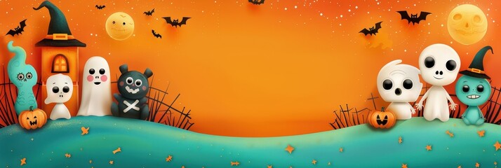 Naklejka premium Cute Halloween Illustration with Ghosts, Bats, and a Haunted House