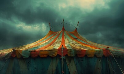A spooky carnival tent with faded colors and eerie shadows, leaving space at the top for copy