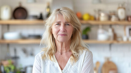 Woman Standing on White Kitchen Interior. Blond Hair, Little Smile (50, 55, 60 years old). Housewife, Mature, Cook, Culinary, Lady, Blond 