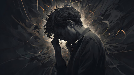 Illustration of depressed man, mental illness concept. young men with disheveled hair and head bowed down, dark tone illustration, sad and desperate man