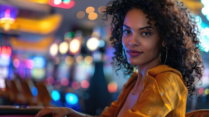Confident Woman Placing a Bet with Determination and Focus in a Casino Setting
