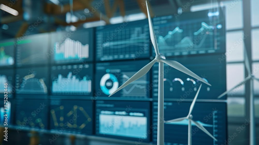 Poster wind turbine energy system showcasing technology and real-time data analytics with detailed graphs a