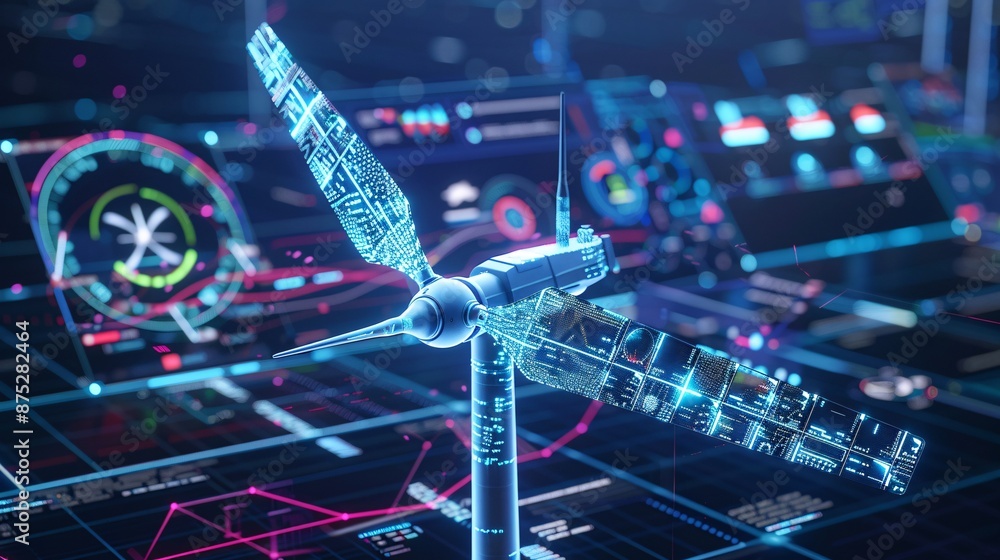 Poster wind turbine energy management system with real-time statistics and data analytics displayed on digi
