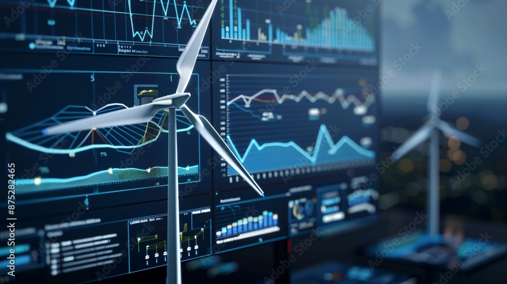 Poster wind turbine energy system showcasing technology and real-time data analytics with detailed graphs a