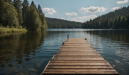 Scenic wooden pier on calm lake with forest backdrop