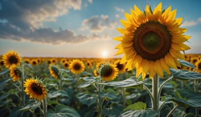 Obraz premium Close-up of sunflower against a bright sky background.