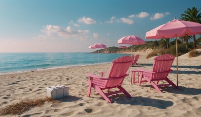 Pink beach chairs with matching umbrellas on sandy shore.
