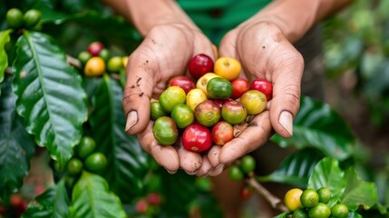 hands holding coffee beans on a farm