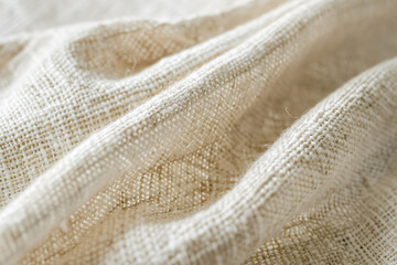 Close up of white natural rough cotton fabric with rough texture