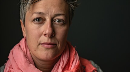 Fototapeta premium A woman with short, grey hair looks directly at the camera. She is wearing a pink scarf