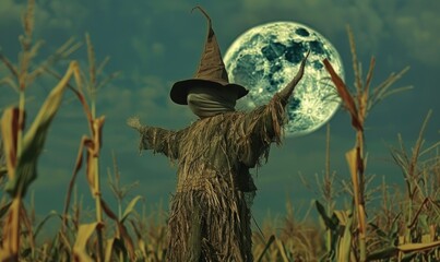 A spooky scarecrow standing in a cornfield under a crescent moon, with open space on the right for a message