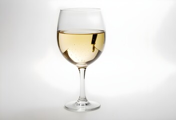 Fototapeta premium Elegant wine glass filled with chilled white wine | Studio shot of full goblet of bright Chardonnay | Clear stemmed glass of premium white wine on white background | Refreshing alcoholic drink