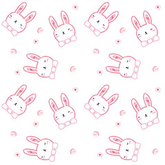 Rabbit face pink so cute.on cake roll and heart polka dot background.pattern vector and illustration.