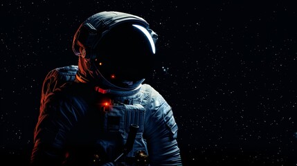 a man in a space suit with a red light and a background with stars