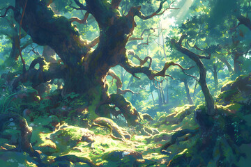 Fototapeta premium Illustration of an Anime Forest, Trees and Plants, Nature, Natural tone, Anime