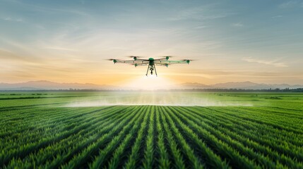 A drone sprays crops in a field at sunset. The drone is flying low over the crops, and the spray is coming out of the bottom of the drone.