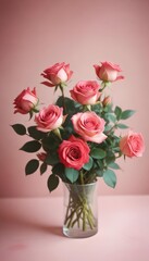Valentine's Day design concept background with pink and red rose flowers on pink table background, Valentines, Spring or Mother's day,