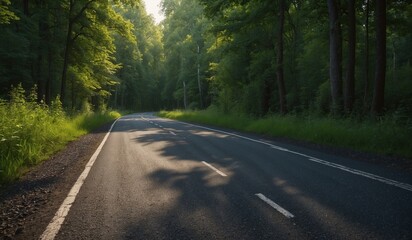 Obraz premium Scenic empty road winding through lush green forest area