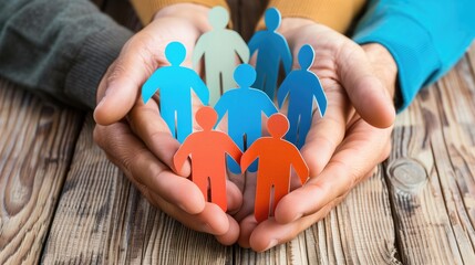 Hands holding paper cut people as care, love and close family concept in insurance industry