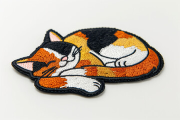Fototapeta premium Embroidered patch of a sleeping multicolored cat in vivid orange, black, and white colors. This colorful and intricate embroidered artwork is perfect for clothing decoration concept