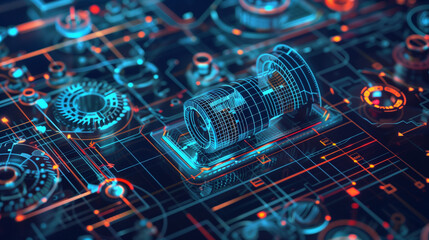 A detailed technical blueprint featuring various mechanical parts and engineering schematics in multiple colors on a dark background