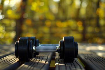 Fototapeta premium Dumbbells on Wooden Surface in a Lush Green Nature Background
