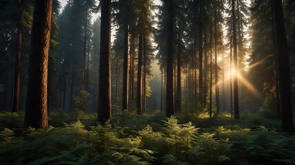 Naklejka premium morning in the forest,A picture of beautiful forest trees at sunset. A high-definition clear background picture
