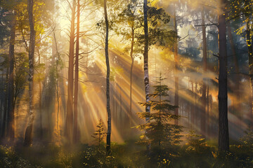 Fototapeta premium Sunbeams Through Forest Fog