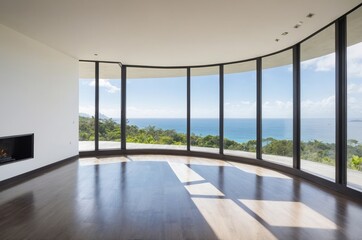 Fototapeta premium Modern minimalist empty living room with ocean view