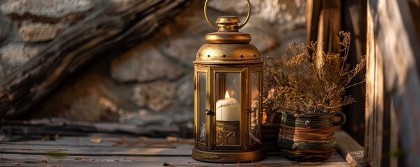 Rustic gold lantern with wooden accents and natural elements, Classic, Earthy tones, Soft lighting, Digital photography