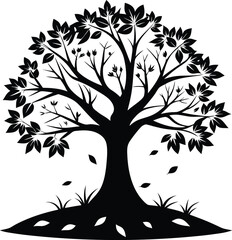 Tree fall leavs silhouette black and white illustration