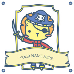 Cute fun pirate ship captain and crew member personalized poster character with blank name space banner template background for kids in summer season - lion