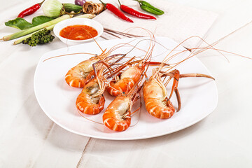 Boiled tiger prawn with sauce