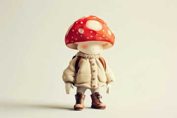 Fototapeta premium Cute mushroom character with backpack and boots in winter outfit concept
