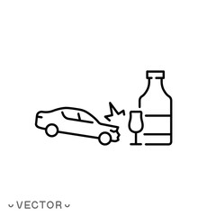 accident due to drunk driving icon, consequences of drunk driving, crash car with wine bottle, thin line symbol isolated on white background, editable stroke eps 10 vector illustration