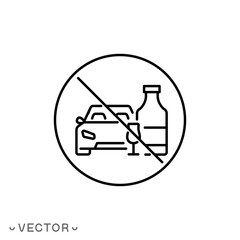 prohibition drink and drive icon, don't drunk driving, wine bottle with car wheel, thin line symbol isolated on white background, editable stroke eps 10 vector illustration
